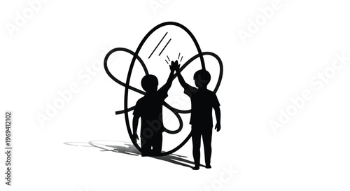 Two children give each other a high five in front of a reflective, abstract mirror.