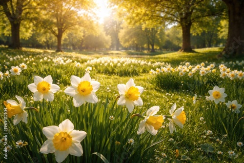 Bright blooming narcissus flowers in a sunny park landscape