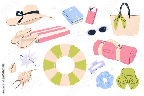 Aesthetic Summer Beach Vibe Collection. Minimalist Vacation Essentials Set with Bucket Hat, Straw Hat, Sunglasses, Tote Bag, Sandals, Towel, Yoga Mat, Scrunchie, Shells, Books