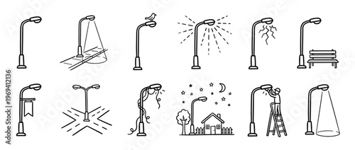 Collection of various street lamp doodle icons illustrating different scenarios and conditions in a simple black and white line art style