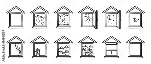 Collection of twelve simple hand-drawn window icons depicting various weather conditions, times of day, and views