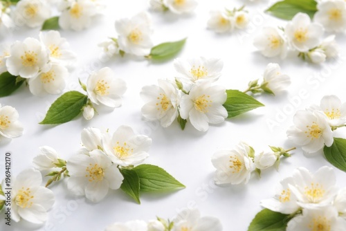 Beautiful jasmine blossoms with green leaves drifting on white backdrop