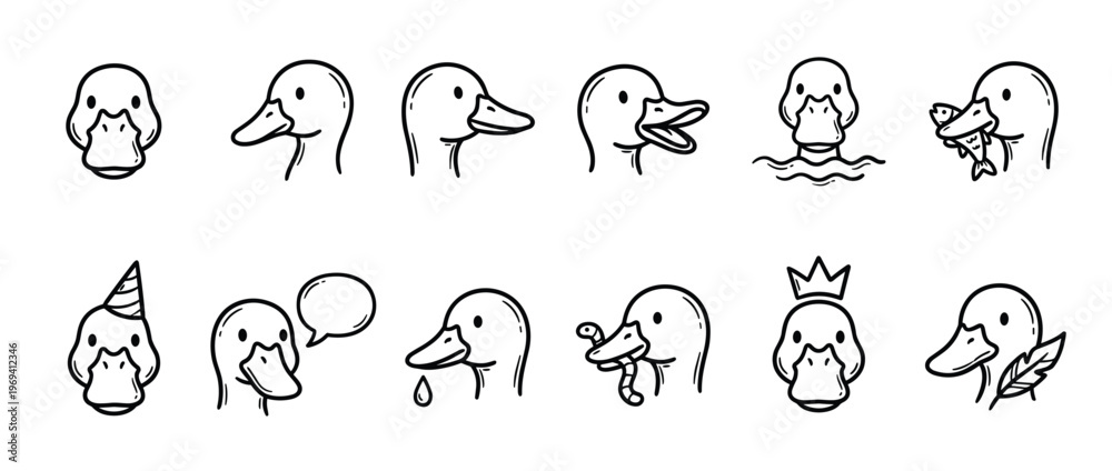 Obraz premium Collection of cute cartoon duck heads in various poses and expressions, drawn in a simple black outline style