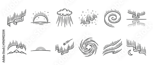Collection of hand-drawn doodle icons depicting various natural phenomena, including aurora borealis, sun, rain, and mountains, in a clean, illustrative style