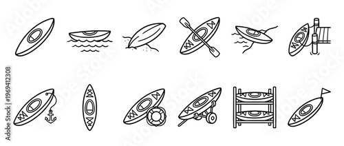 Collection of black outline kayak and canoe icons in various poses and situations, presented in a clean, graphic style