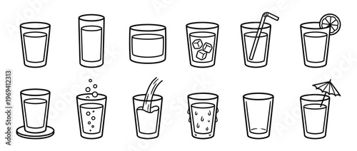 Collection of twelve simple outline illustrations depicting various drinking glasses with different contents and styles