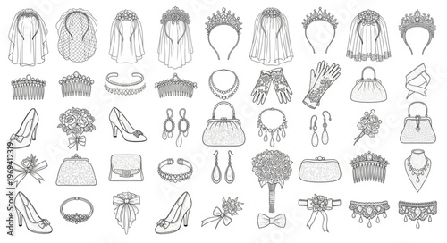 Collection of Elegant Bridal Accessories and Jewelry Line Art.