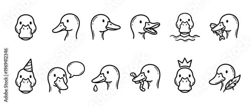 Collection of cute cartoon duck heads in various poses and expressions, drawn in a simple black outline style