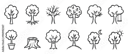 Collection of hand-drawn black outline tree icons illustrating various forms, seasons, and elements of nature