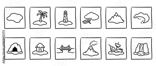 Twelve hand-drawn doodle icons depicting various natural landscapes and man-made structures in a simple, playful style