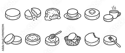 Various hand-drawn black and white pancake and breakfast food icons are neatly arranged in a grid
