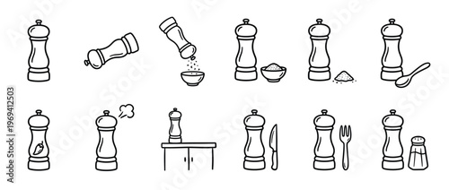 Collection of hand-drawn black and white pepper mill and salt shaker icons for kitchen and cooking concepts