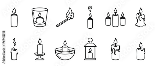 Various black outline candle and matchstick icons are arranged neatly in rows, depicting different forms of light and warmth