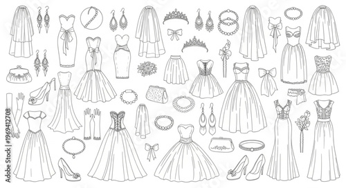 Collection of Elegant Dresses and Accessories Hand-Drawn Sketch.