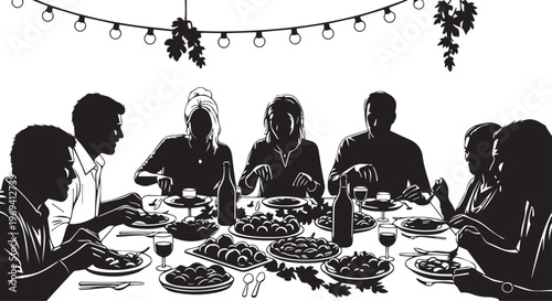 Friends Eating Together at Table Silhouette Graphic Vector Illustration
