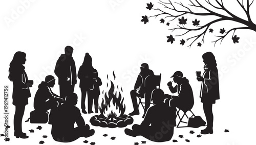 People Around Campfire Silhouette Outdoor Gathering Vector Illustration
