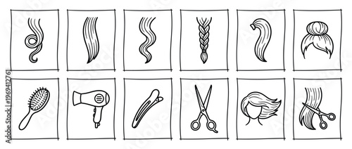 This collection of hand-drawn black and white hair salon icons includes various hairstyles and essential tools, presented in a simple sketch style