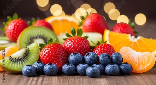 Bright and colorful display of assorted fresh fruits on wooden surface