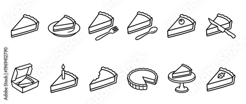 Collection of black outline pie slice icons showing various dessert concepts and serving styles
