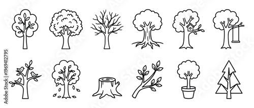 Collection of various simple black outline tree icons, including leafy trees, bare trees, a tree stump, and a potted tree, presented in a clean, graphic style