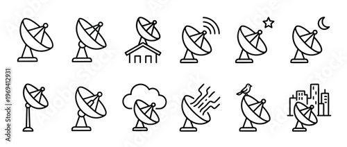 Collection of black outline satellite dish icons representing communication, technology, and broadcasting concepts in a modern style