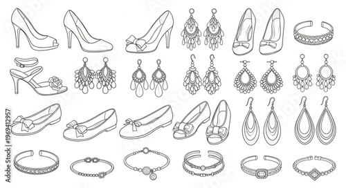 Collection of Elegant Footwear and Jewelry Sketches.