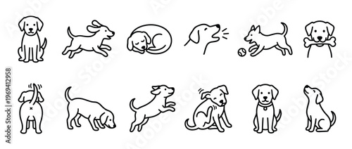 Collection of simple black outline dog icons illustrating various poses and activities in a clean, minimalist style