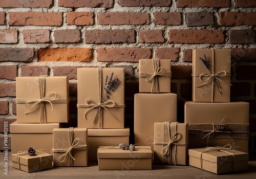 Brown gift boxes with twine bows and dried flowers against a brick wall