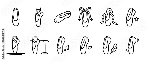 Collection of simple black outline ballet pointe shoes and slippers in various poses and styles