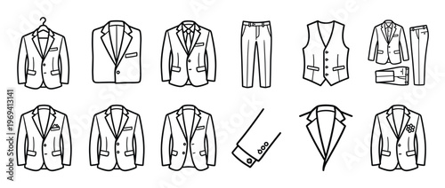 Collection of various men's formal wear elements, including suits, jackets, vests, and trousers, depicted as simple line art icons