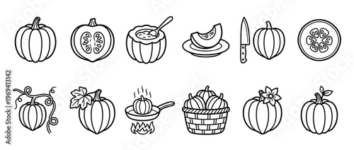 Collection of black outline pumpkin illustrations showing whole, sliced, cooked, and harvested gourds in a clean, graphic style