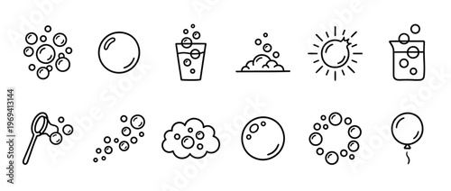 Collection of various bubble-themed line art icons, including soap bubbles, foam, a bubble wand, and a balloon, presented in a clean, minimalist style
