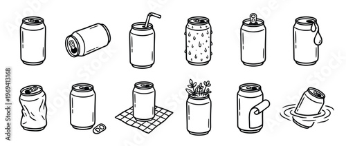 Collection of hand-drawn beverage cans in various states, including open, closed, crushed, and with condensation, depicted in a clean line art style