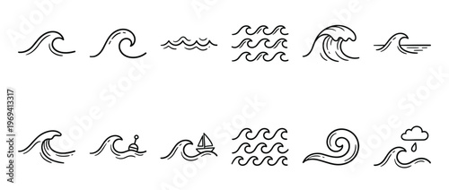 Collection of various simple black outline wave icons, depicting different water movements and nautical elements