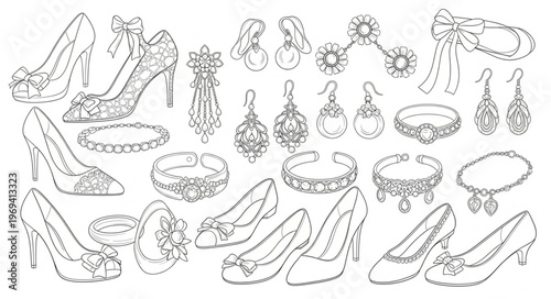 Collection of Elegant High Heel Shoes and Sparkling Jewelry.