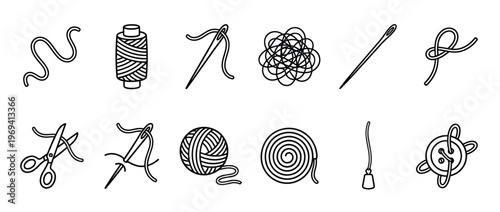 Collection of black outline sewing and knitting tools, including needles, thread, yarn, and scissors, presented as simple line art icons