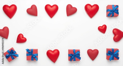Varied orientation of red hearts and blue ribboned gift boxes placed on white background