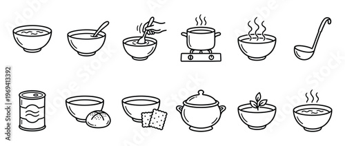 Collection of simple black outline icons depicting various soup-related items and actions, presented in a clean, graphic style