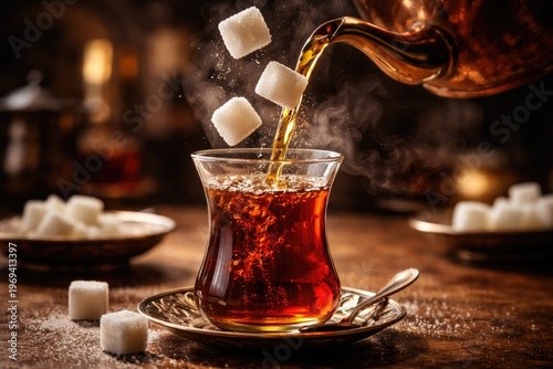 Black Turkish tea pouring with sugar cubes suspended in air showcasing sweetening technique