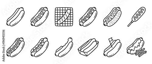 Collection of various hot dog illustrations in a simple black outline style, depicting different toppings and presentations