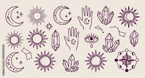 Celestial moon and stars, mystical sun and eyes, tarot aesthetic line art, esoteric vector pattern, spiritual symbols background, magic crystal illustration, bohemian astrology art
