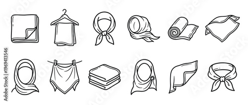 Various hand-drawn doodle scarves and hijabs are depicted in a collection of black and white line art illustrations