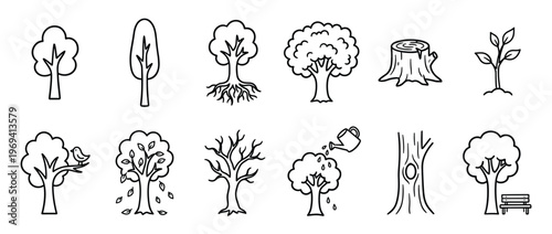 Collection of various simple black outline tree icons, including a sapling, a tree with roots, a tree stump, and a tree with a bird
