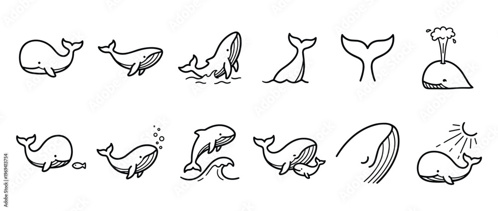 Obraz premium Collection of cute hand-drawn whale illustrations in various poses and actions, featuring simple black outlines