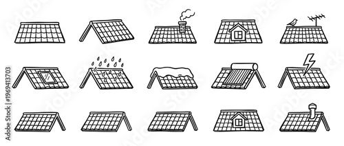 Collection of hand-drawn roof icons depicting various conditions and features, including rain, snow, solar panels, and chimneys