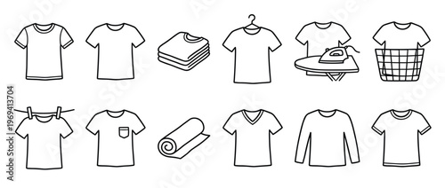 Collection of hand-drawn laundry and clothing icons, including various t-shirts, folded clothes, ironing, and a laundry basket, presented in a simple outline style
