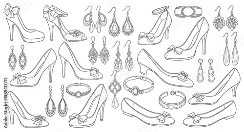 Collection of Elegant High Heels and Jewelry Line Art.