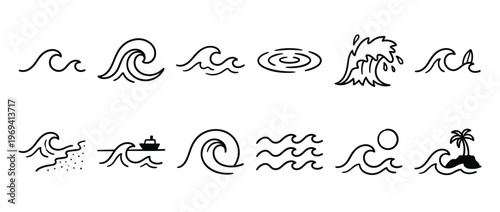 Collection of various simple black outline wave icons depicting different water movements and ocean scenes