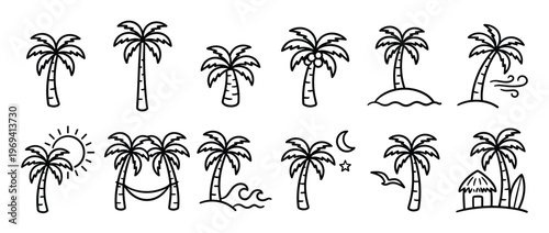 Collection of various hand-drawn black outline palm tree icons depicting tropical vacation and summer holiday themes