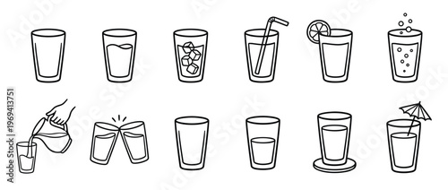 Collection of various outline illustrations depicting drinking glasses with different contents and accessories, presented in a clean, graphic style